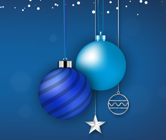  A blue background with Baubles and the words 'Merry Christmas, Happy New Year'